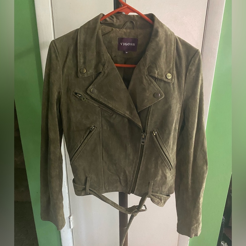 Suede Olive Green Leather Moto Jacket
